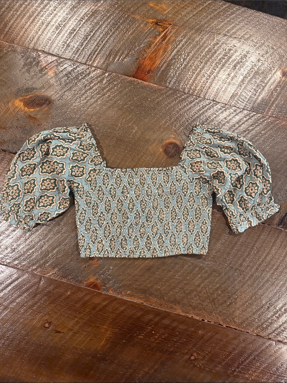 Zara Teal Patterned Smocked Crop Top with Puff Sleeves